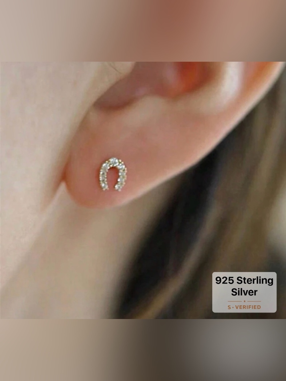 Sterling Silver Horseshoe Faux Cubic Zirconia Stud Earrings - White